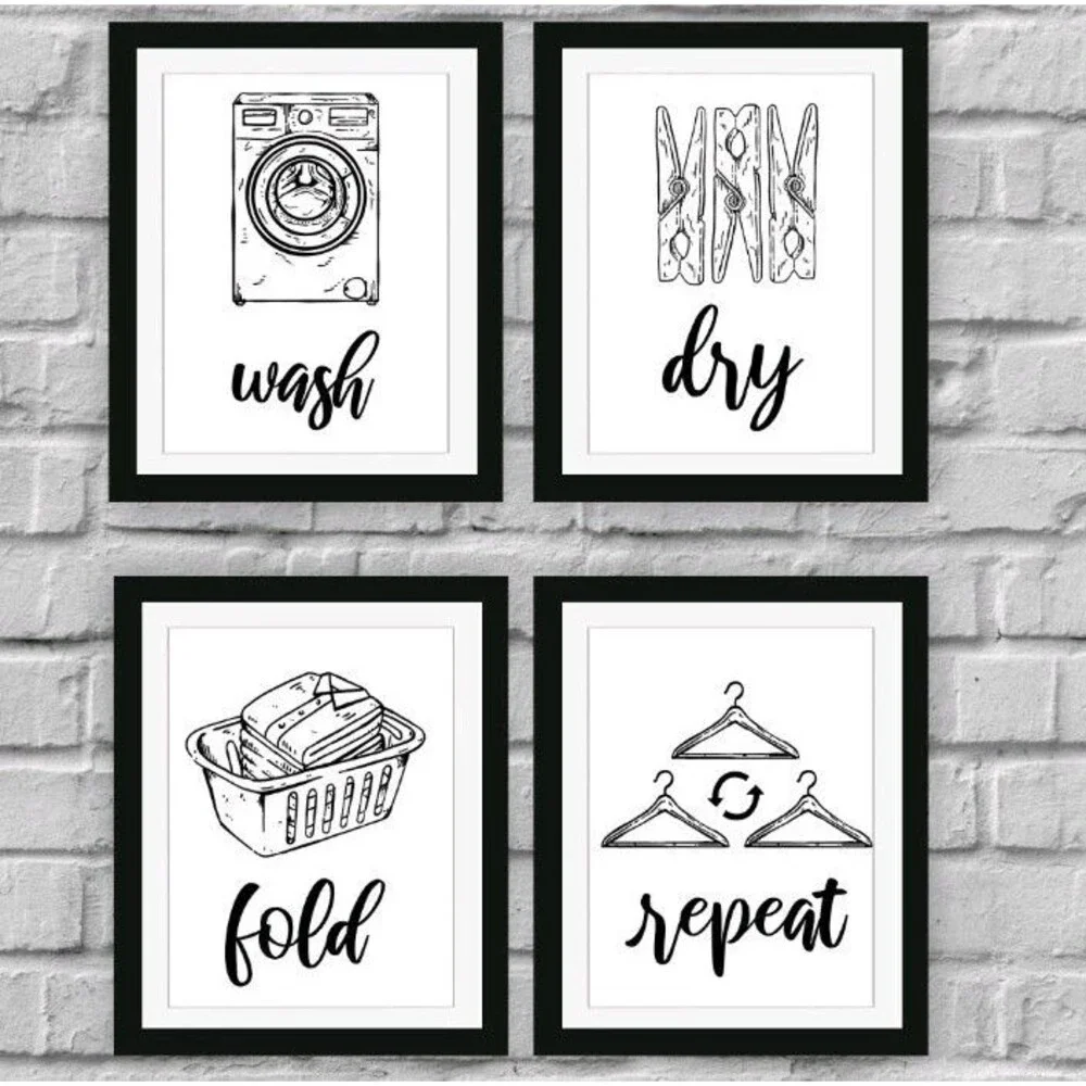 Laundry Room Signs(Set of 4 framed-11x9Inches) Wall Art Decor Prints